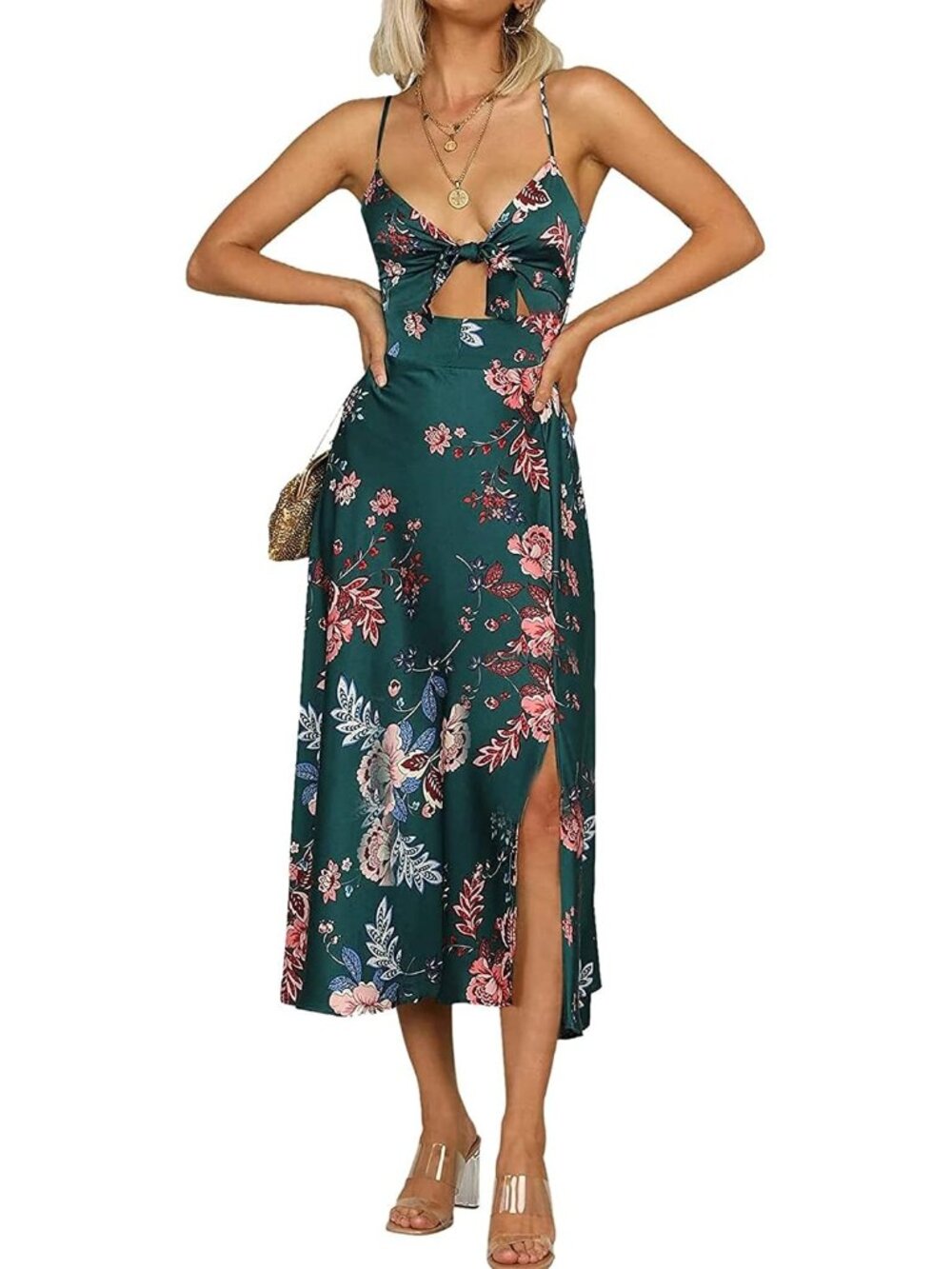 〽️Dark Green Floral Slip Dress Women’s Midi A Line Spaghetti Strap Tie Front